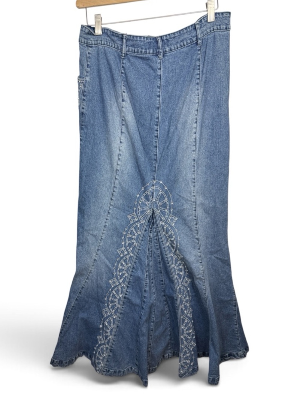 Midnight Velvet Vintage Long Denim Bedazzled  Mermaid Jean Y2K Skirt W2543 Sz L - Picture 2 of 8
